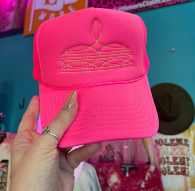 Neon Pink Boot Stitch Trucker Hat (Neon Green)